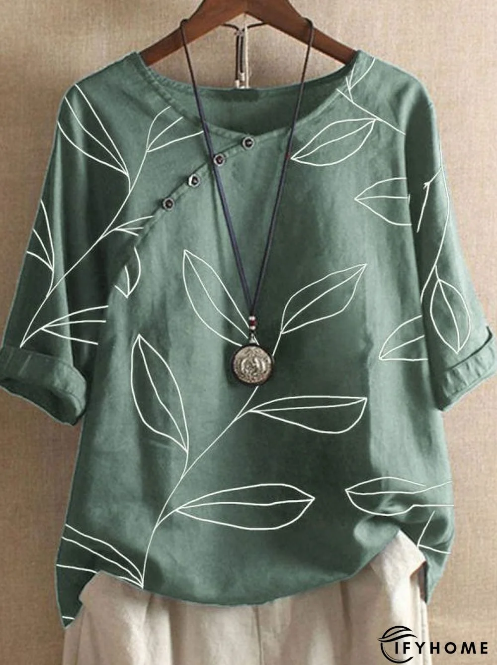 Linen Leaf Print Buttoned Short Sleeve Blouse | IFYHOME