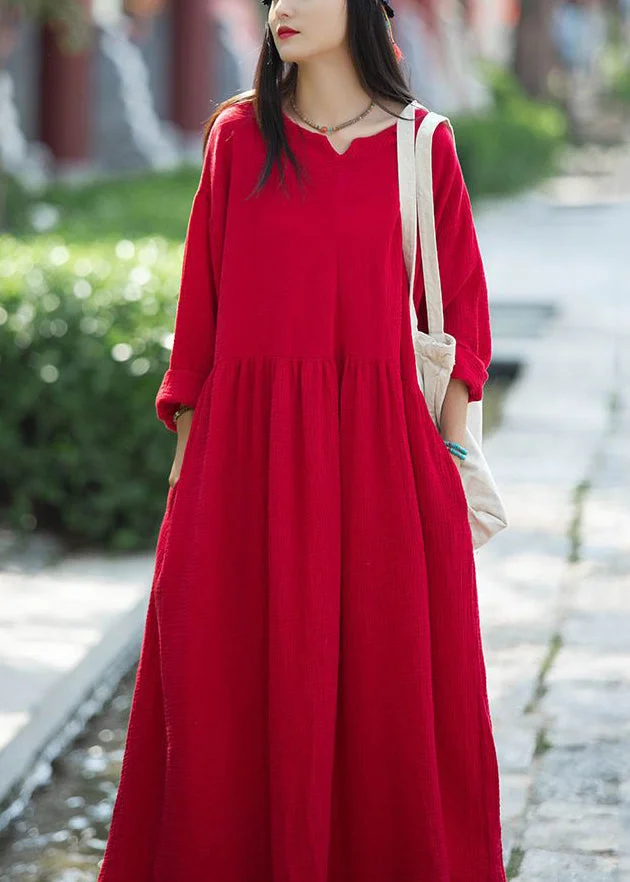 Red Wrinkled Patchwork Linen Dress V Neck Long Sleeve