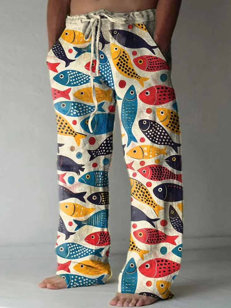 Vintage Fish Art Print Linen Blend Casual Pants
