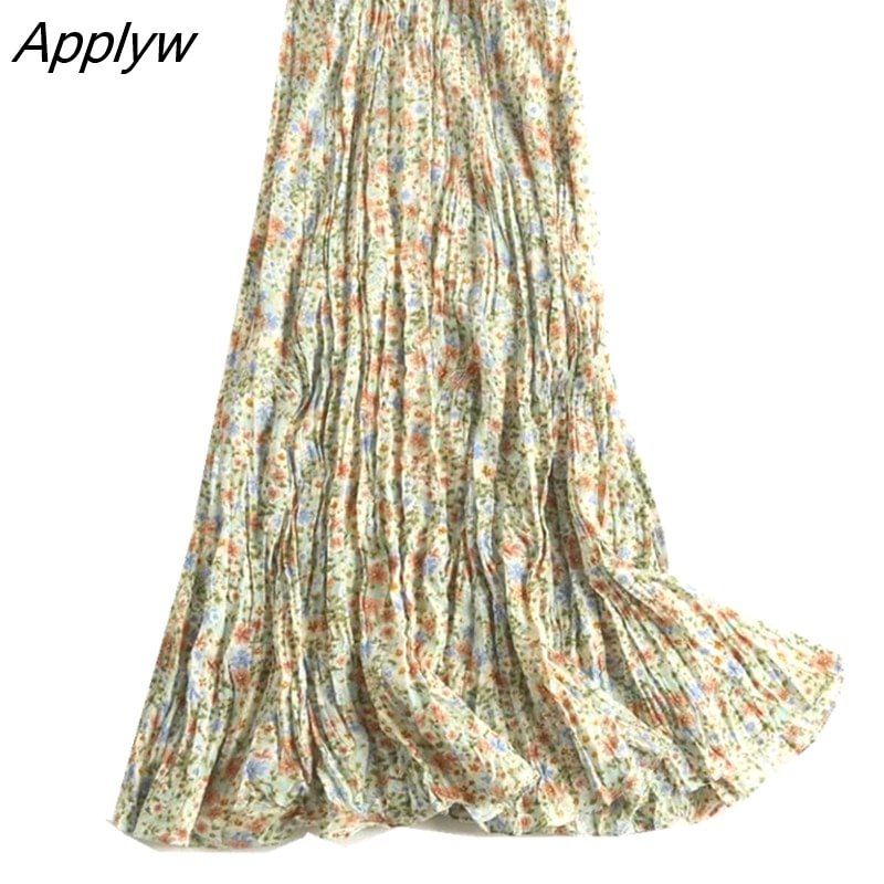 Applyw New BOHO Green Floral print Rayon Wrinkle Long Skirt Holiday Women Elastic High Waist Ruched pleated Swing Skirts Beach