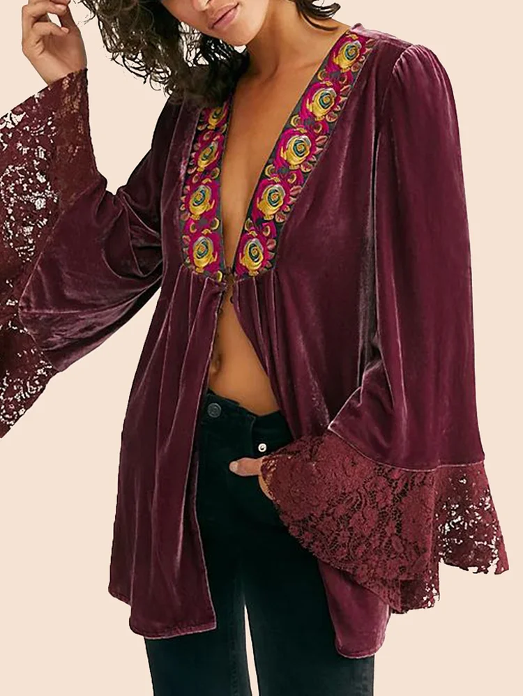 Retro Floral V Neck Lace Flared Sleeve Slit Velvet Blouse