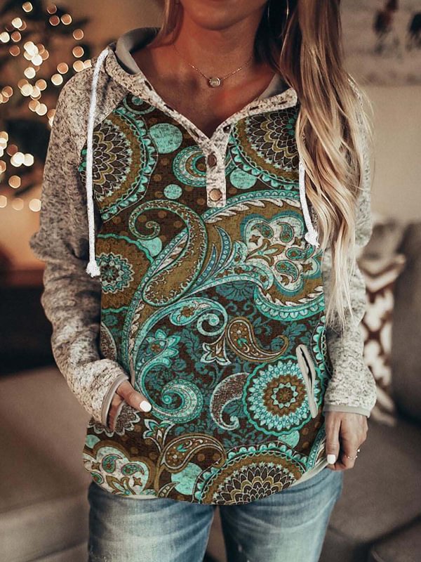 Western Paisley Patchwork Button Up Hoodie