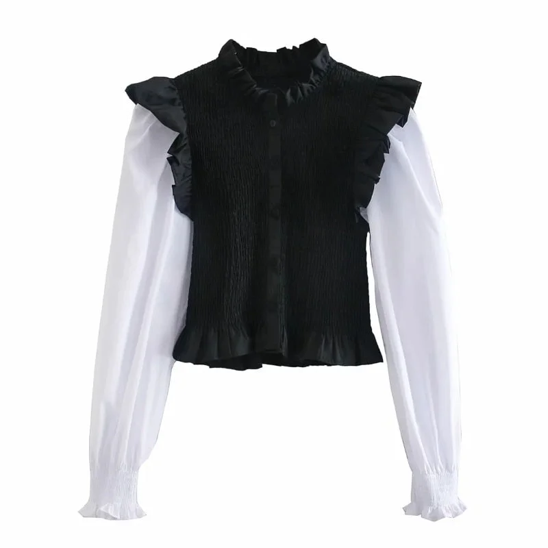 2021 New Spring Women Elastic Pleated Splicing Blouse Female Ruffle Long Sleeve Shirt Lady Loose Tops Blusas S8372