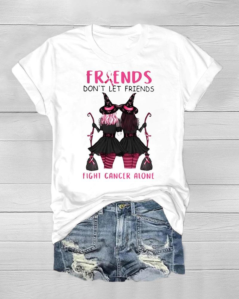 Women's Halloween Breast Cancer Shirts Friends Don’t Let Friends Fight Cancer Alone Breast Cancer Awareness Witch Halloween Shirt
