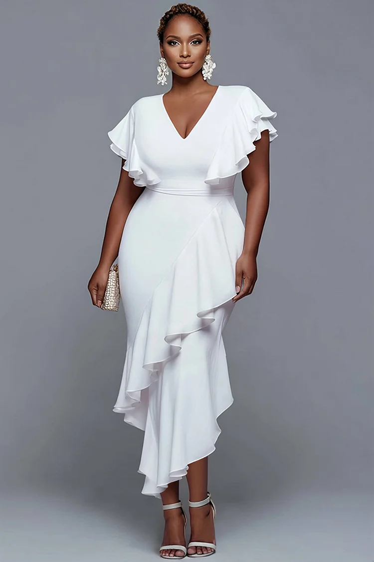 Xpluswear Design Plus Size Wedding Elegant White V Neck Short Sleeve Ruffle Tiered Chiffon Maxi Dresses [Pre-Order] 2024 - Xpluswear
