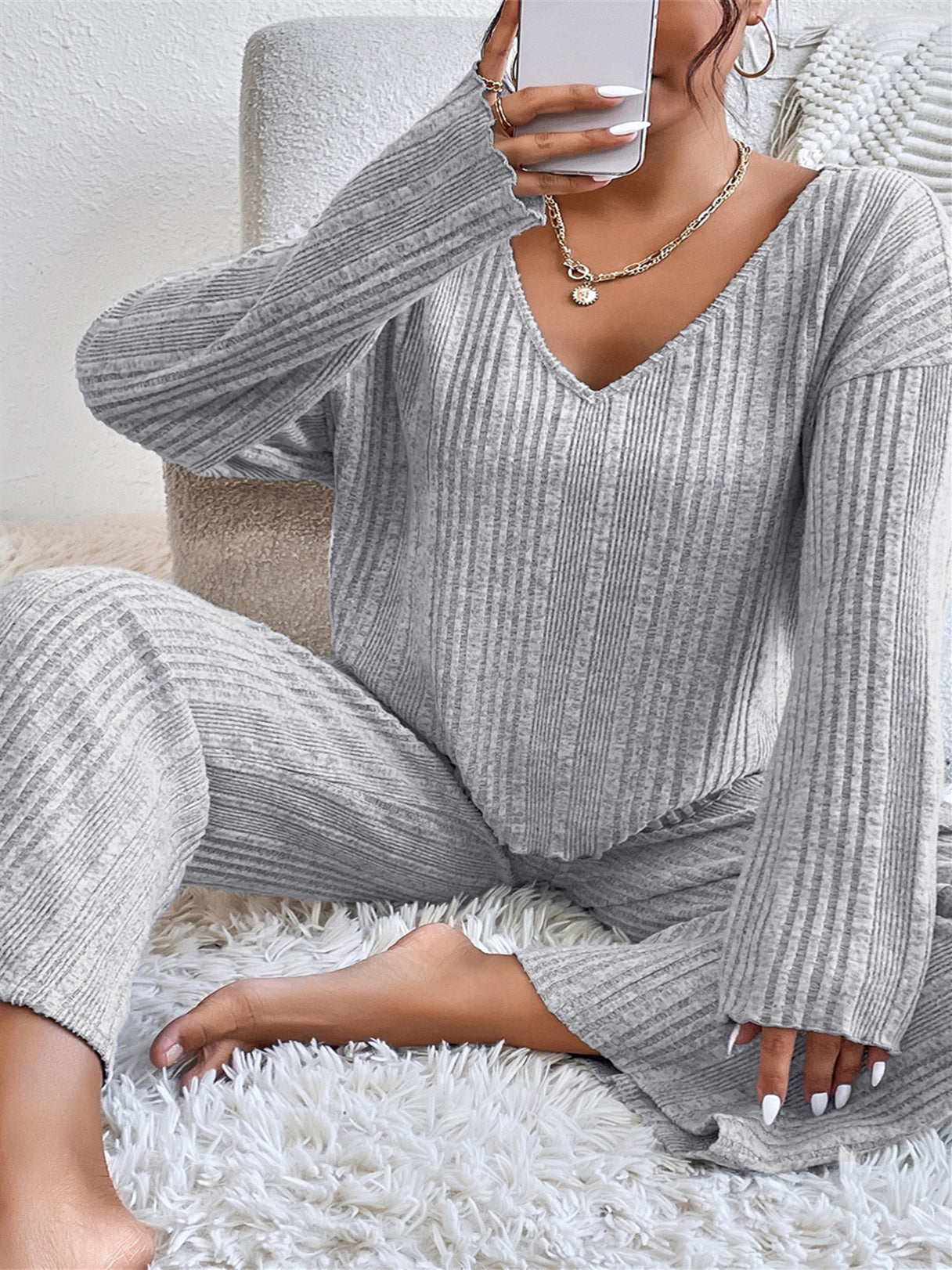 Women's Long Sleeve V-neck Solid Color Two-Piece Set