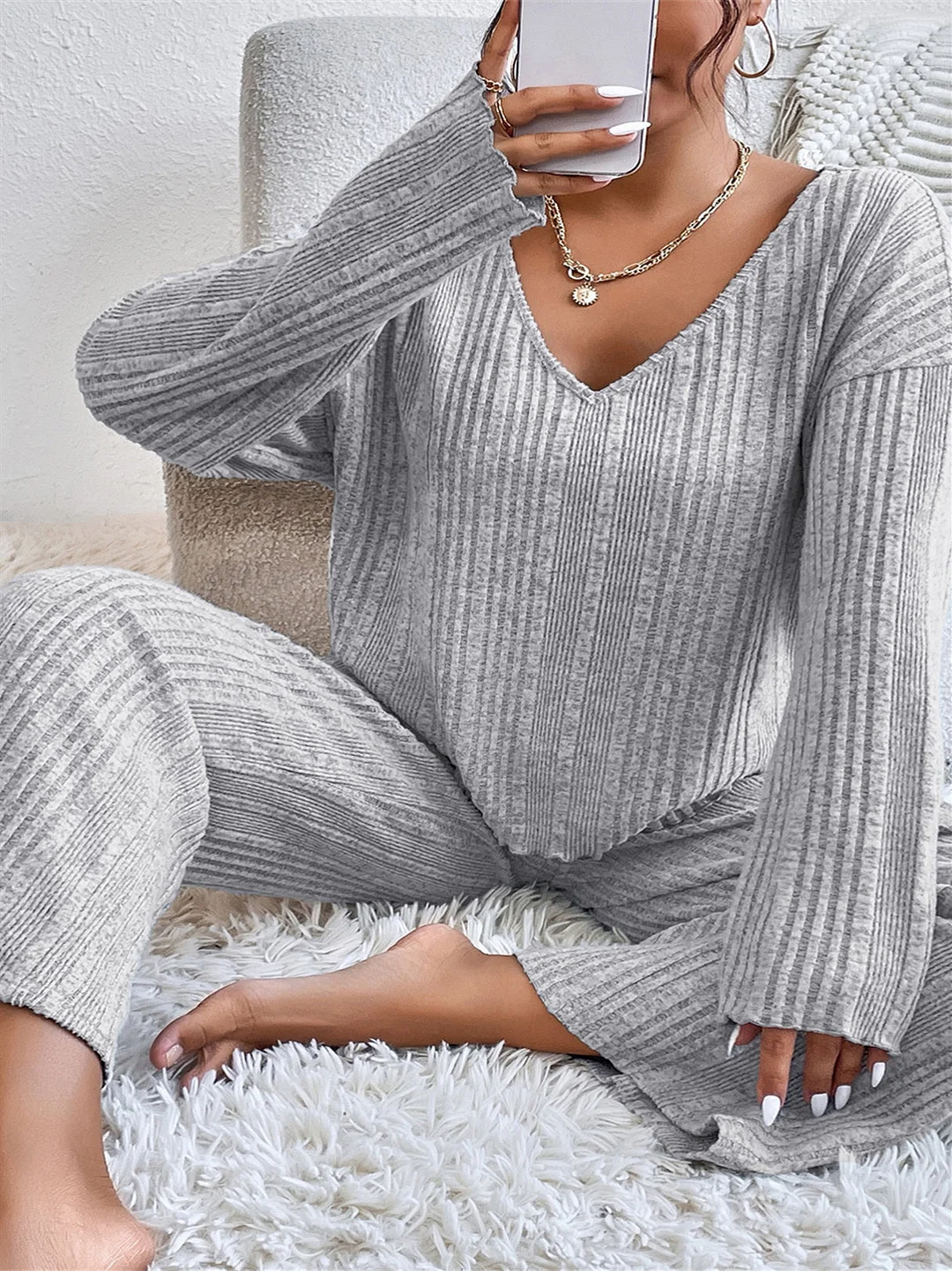 Women's Long Sleeve V-neck Solid Color Two-Piece Set