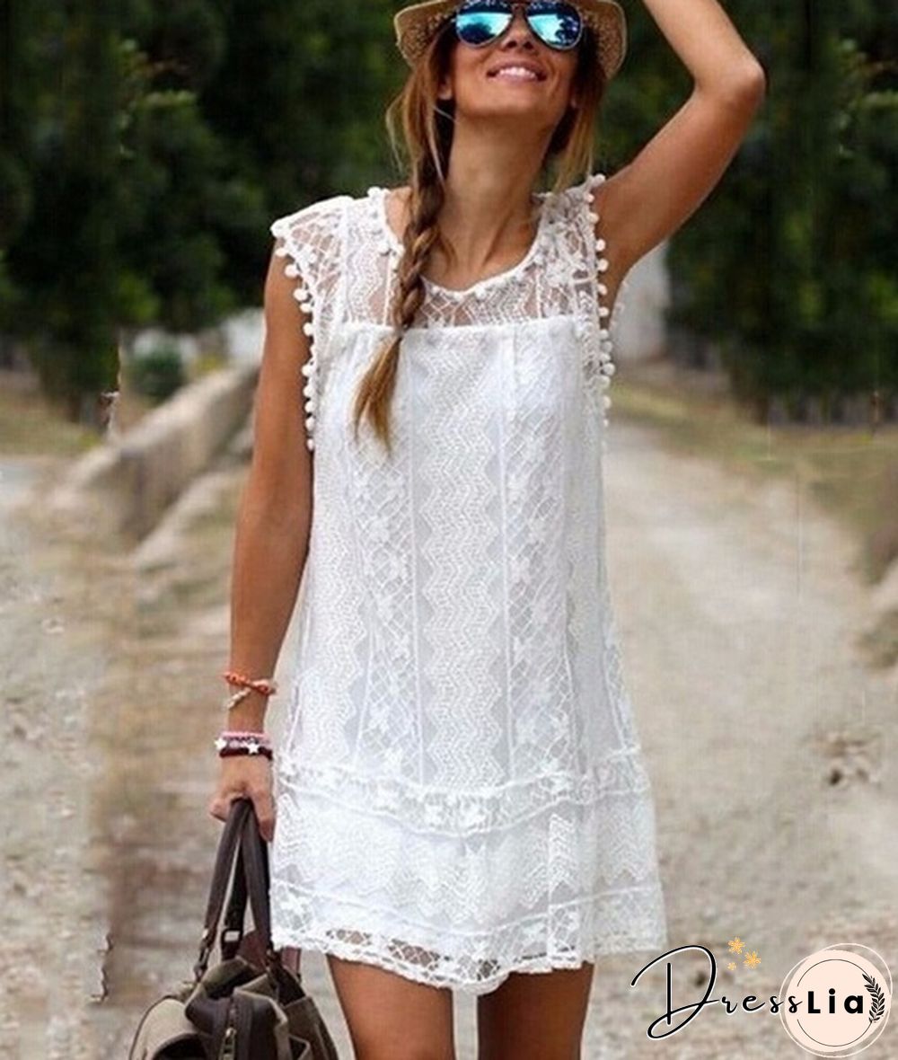 Fashion Summer Dress Sexy Women Casual Sleeveless Beach Short Dress Tassel Solid White Mini Lace Dress Plus Size