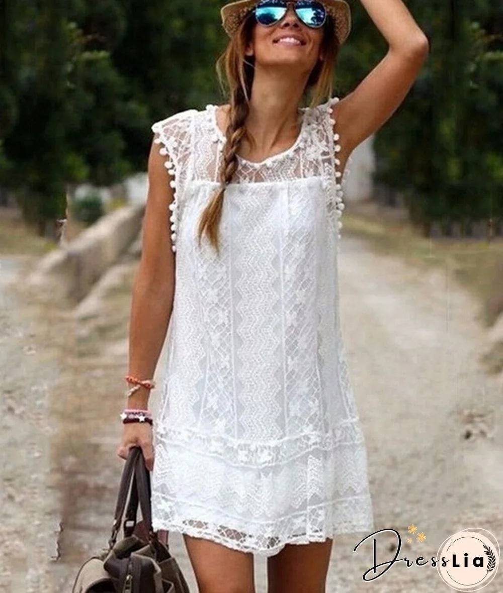 Fashion Summer Dress Sexy Women Casual Sleeveless Beach Short Dress Tassel Solid White Mini Lace Dress Plus Size