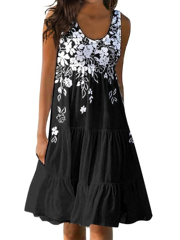 Women's Casual U-neck Sleeveless Printed Loose Patchwork Dress