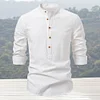 Camicia da uomo con colletto alla coreana casual in tinta unita