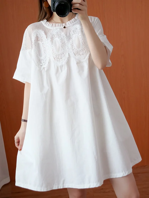 Original Solid Lace Split-Side Short Sleeve A-Line Mini Dress