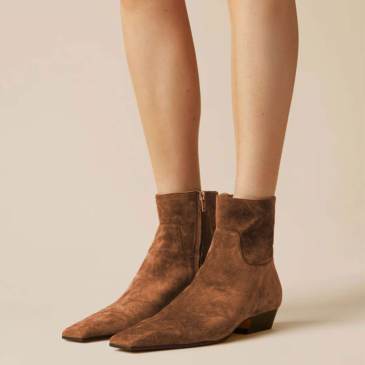 Vegan Suede Square Toe Zipper Low-Heeled Ankle Boots in Brown Nicepairs