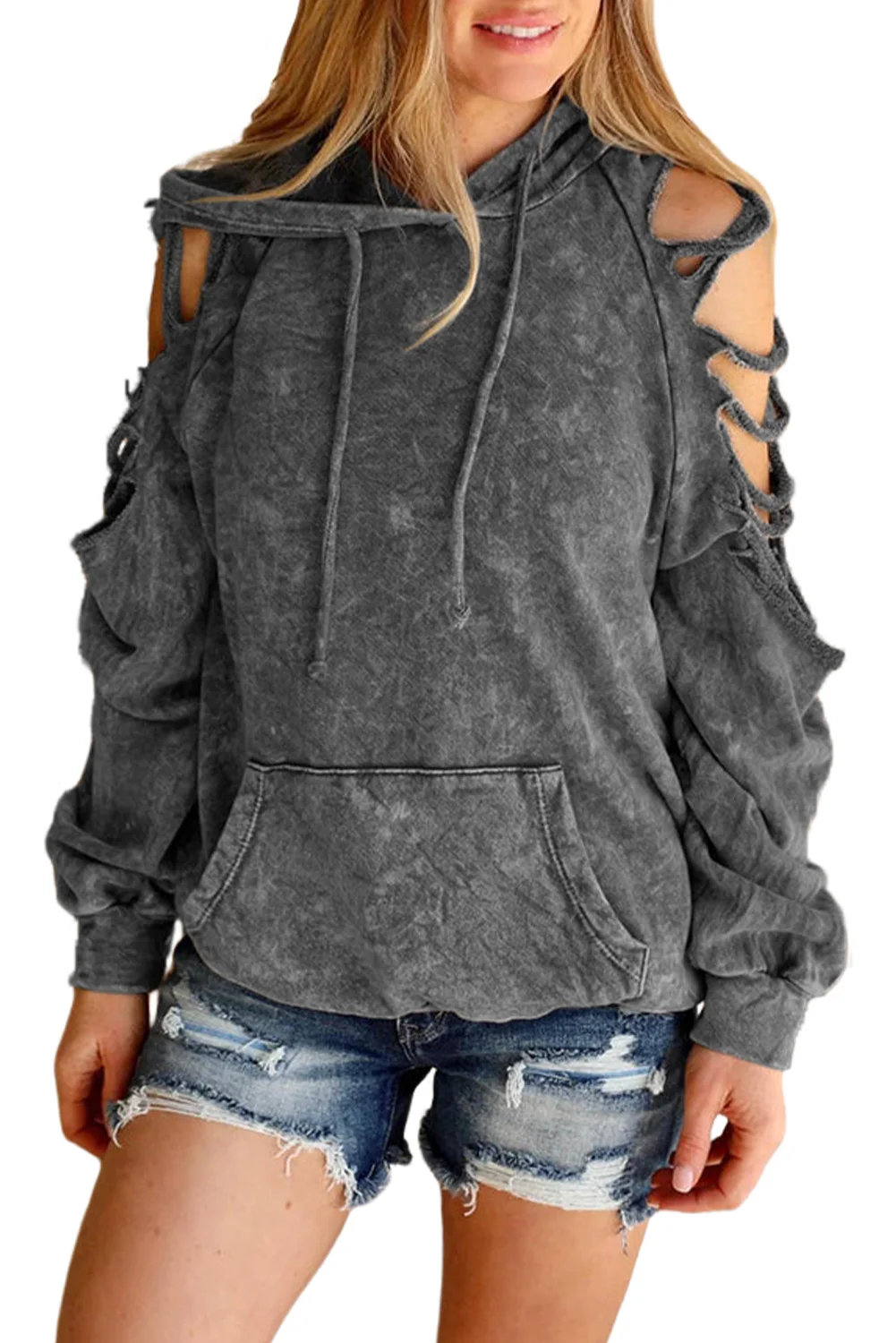 Gray Cut Out Retro Kangaroo Pocketed Pullover Hoodie