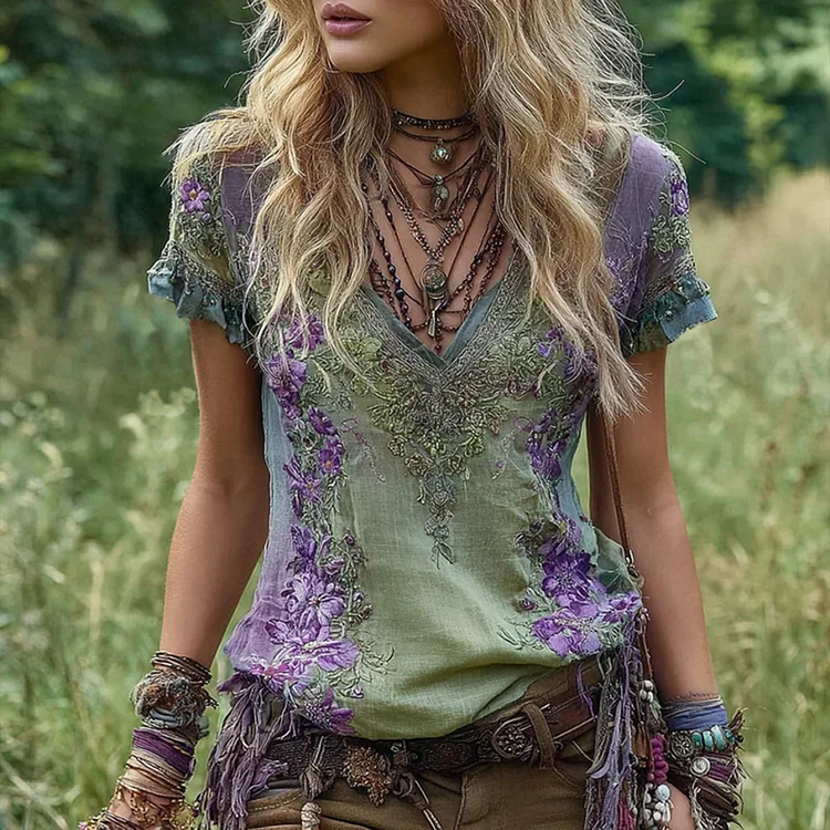 VChics Vintage Flower Embroidery Linen V-neck Short Sleeve T-shirt