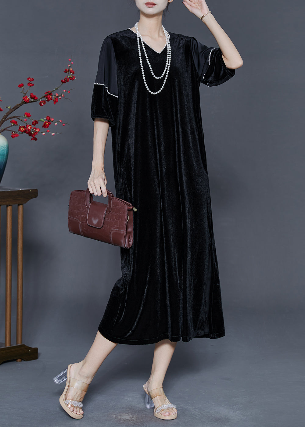 VCSHOES Black Oversized Side Open Silk Velvet Party Dress Summer