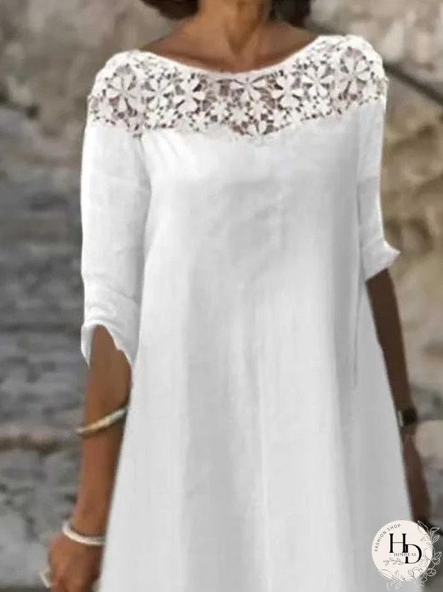 Casual Dress Cotton Linen Dress Midi Dress Cotton Blend Fashion Modern Outdoor Daily Vacation Crew Neck Lace Patchwork Half Sleeve Summer Spring Regular Fit White Flower Pure Color S M L for Women