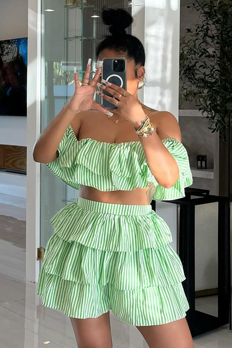 Striped Off Shoulder Tiered Ruffle Crop Top Shorts 2pcs Set-Green [Pre Order]