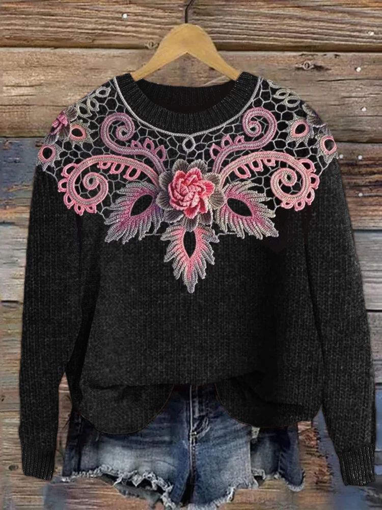 Classy Floral Crochet Art Cozy Knit Sweater