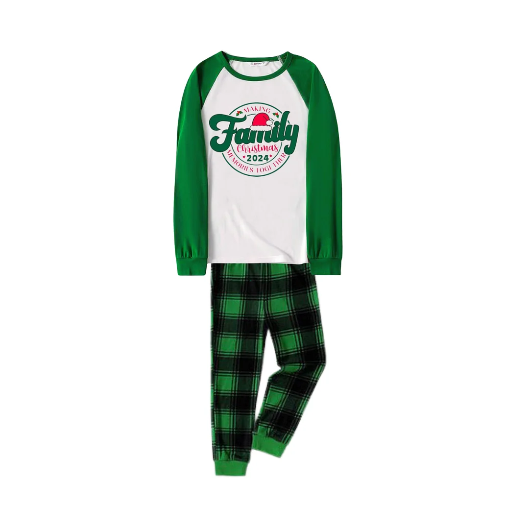 "Family Christmas 2024" Text Print Green Rotator Cuff Top With Green & Black Plaid Family Matching Pajamas