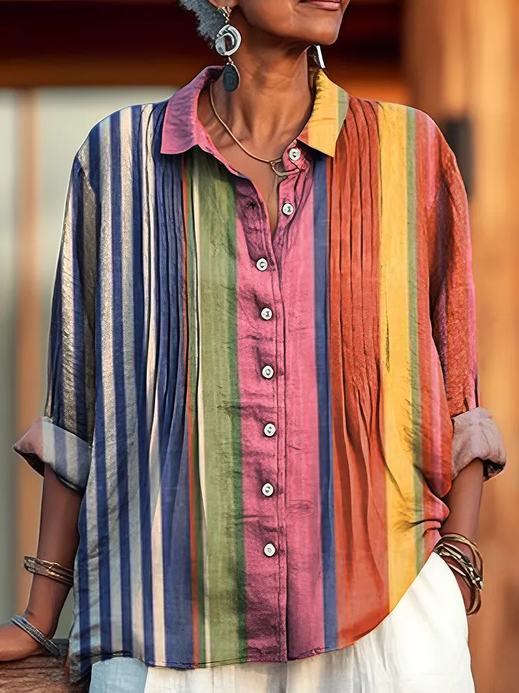 Women's Vintage Geometric Stripe Painting Art Print Casual Cotton And Linen Ruffle Shirt