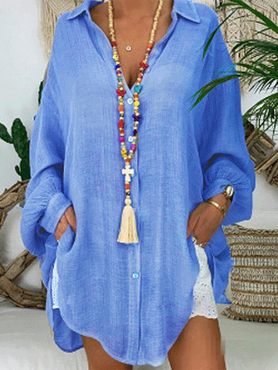 Solid Color Buttoned Long Sleeve Loose Casual Shirt for Women
