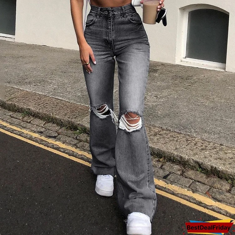 Ladies New Fashion Jeans Wide Leg Pants Ripped Casual Pants Denim Flared Pants