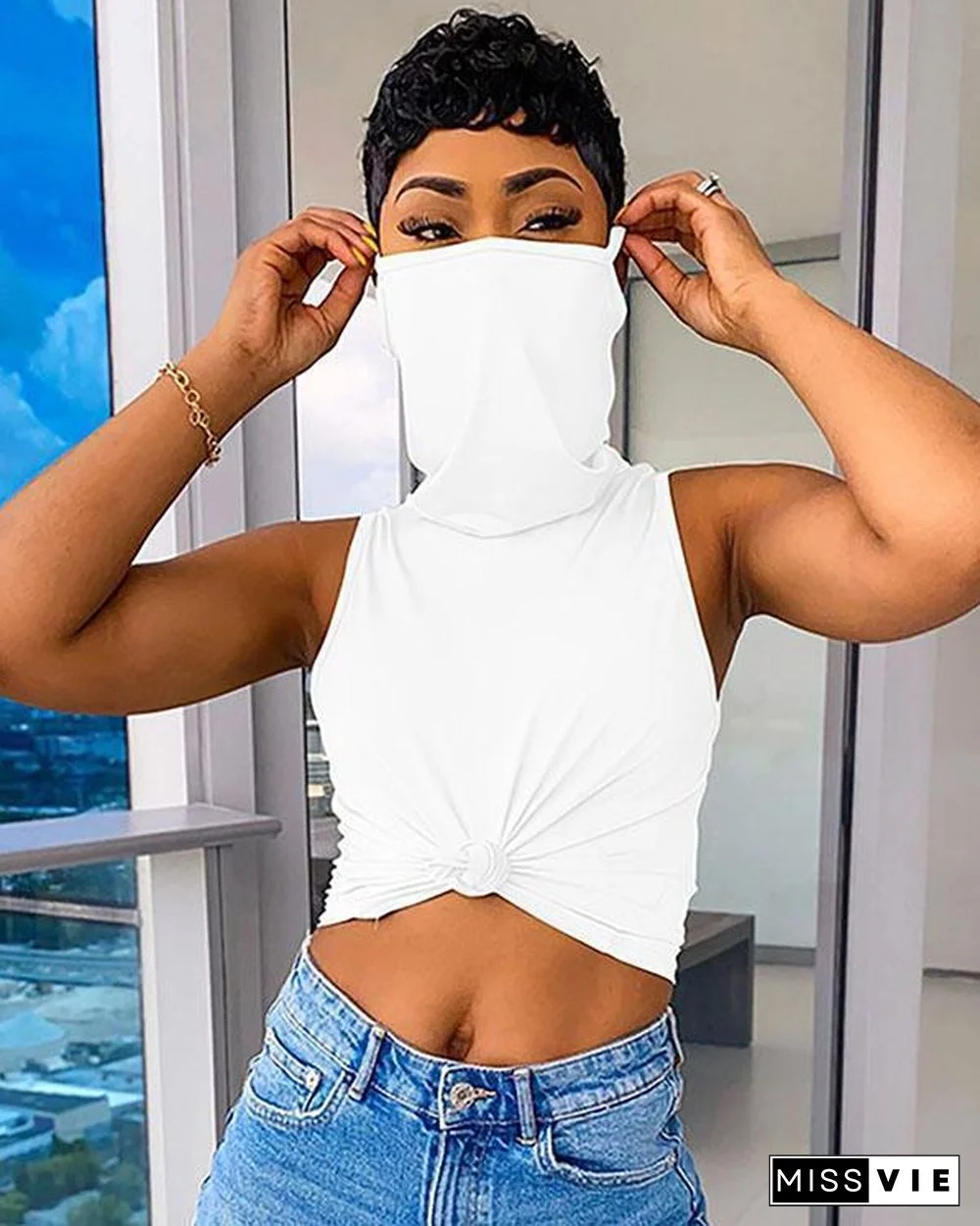 Solid Color Sleeveless Casual Shirt Top With Bandana