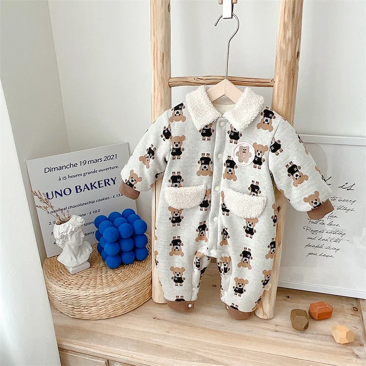 Baby Boy/Girl Polo Collar Allover Bear Print Long Sleeve Fluff Romper