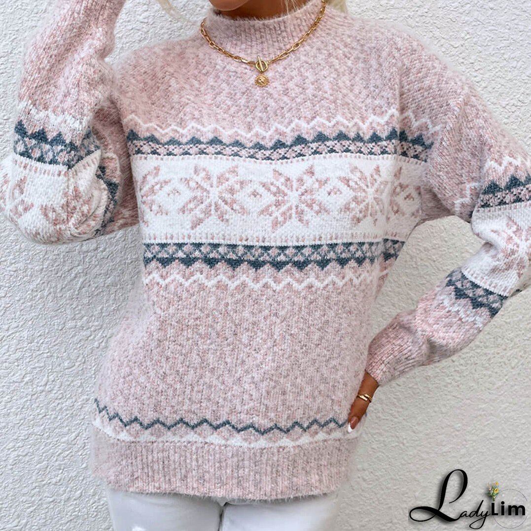 Nordic Fair Isle Mock Neck Chenille Marled Knit Snowflake Pullover Sweater - Pink