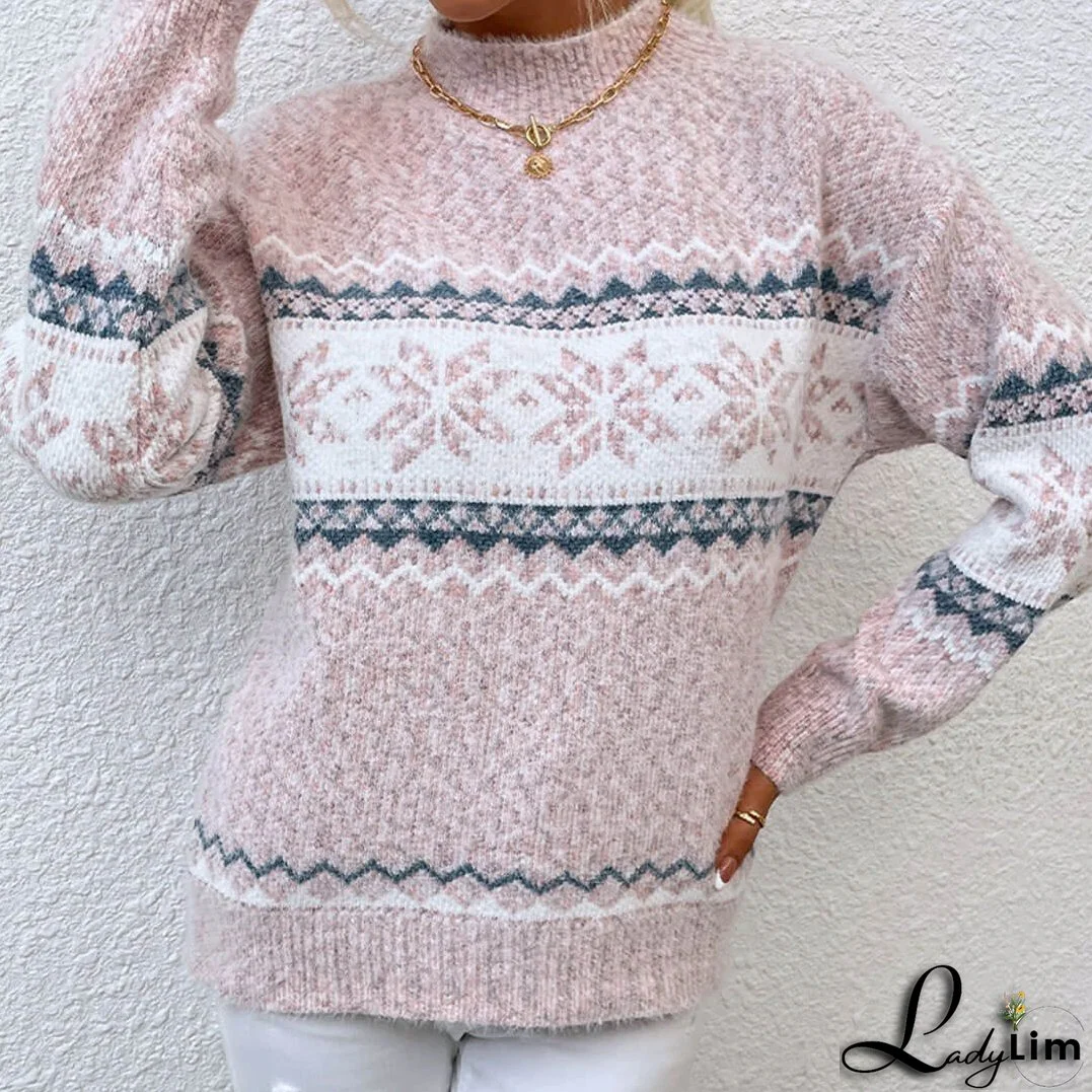 Nordic Fair Isle Mock Neck Chenille Marled Knit Snowflake Pullover Sweater - Pink