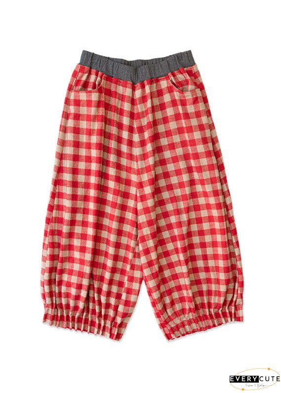 Loose Red Plaid Patchwork Pockets Elastic Waist Lantern Crop Pants Fall
