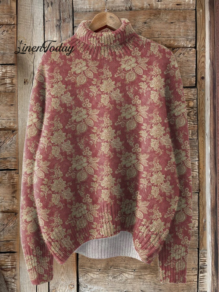 Vintage Style Floral Pattern Printed Knit Turtleneck Pullover Sweater Multicolor / S