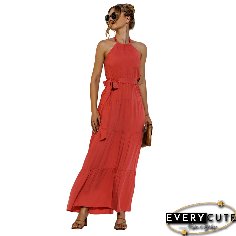 Orange Open Back Tie Waist Halter Maxi Dress