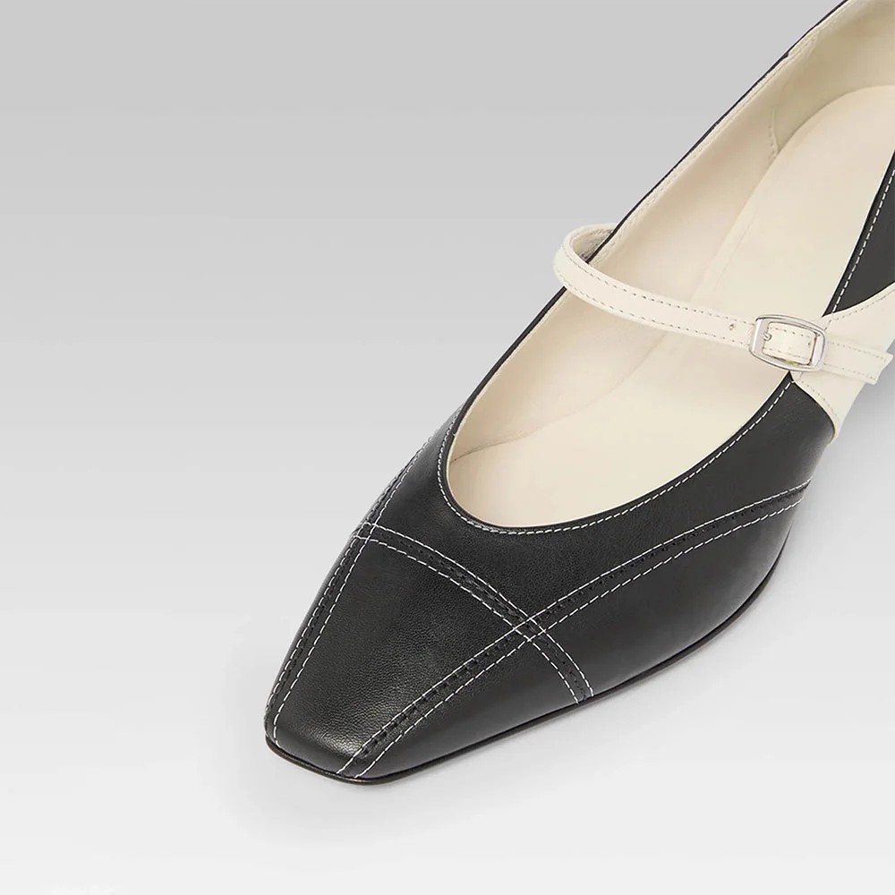 Fashion Black & Ivory Square Toe Contrast Stitching Mary Jane Pumps