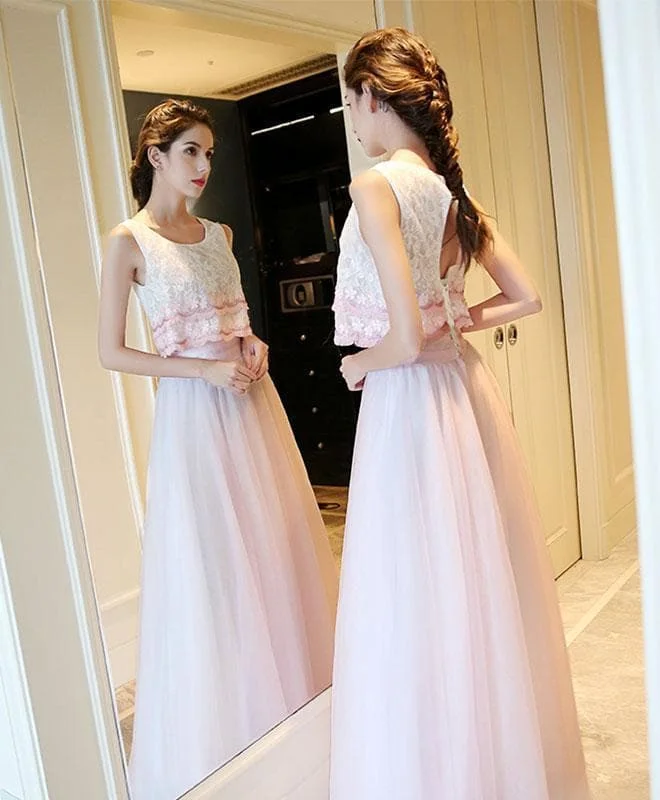 Cute Pink Tulle Long Prom Dress, Lace Evening Dress