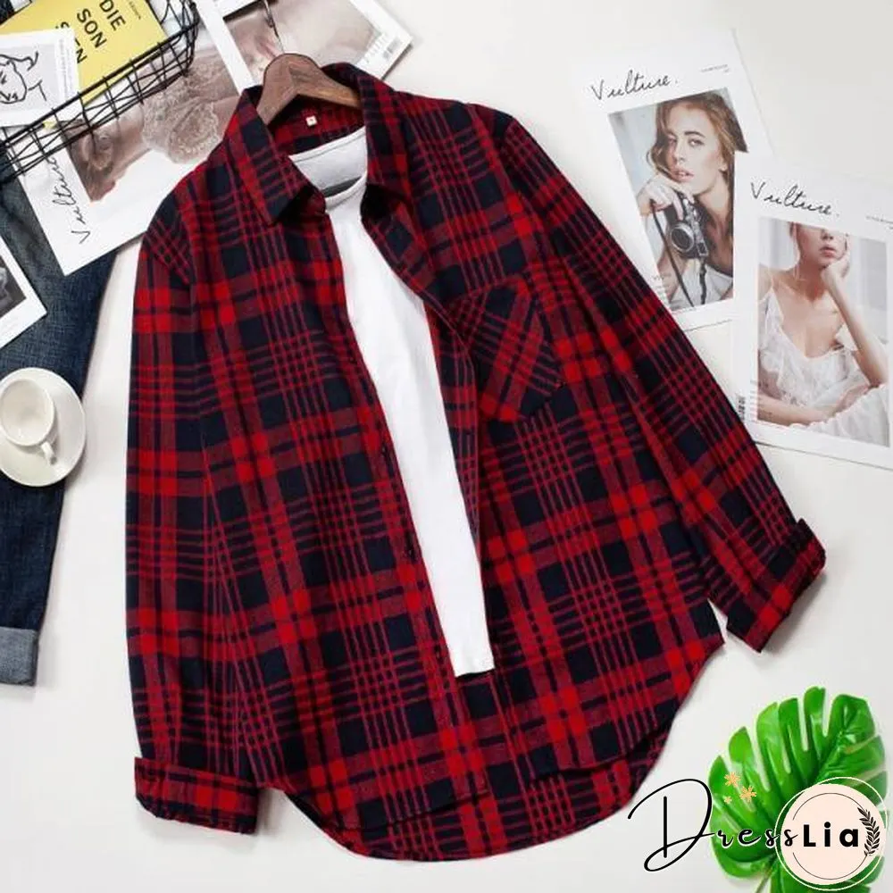 Plaid Shirts Womens Blouses Long Sleeve Lady Checked Tops Loose Female Outwear Casual