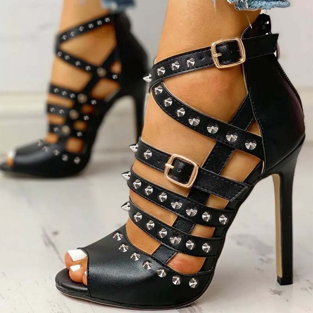 Black Soft Leather Rivet Strappy Sandals Peep Toe Summer Boots Nicepairs