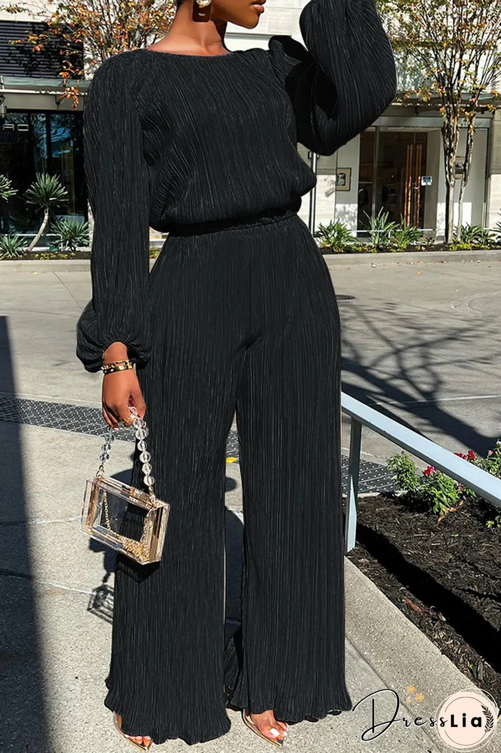 Retro Long Sleeve Top Loose Pleated Wide-leg Pants Set