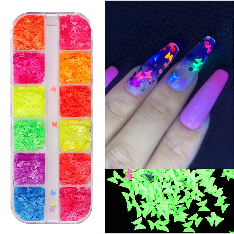 1 Box12 Grids Mixed Nail Art Deco Butterfly Patch Laser Symphony Star Butterfly Fluorescent DIY Nail Art Decoration Sequins