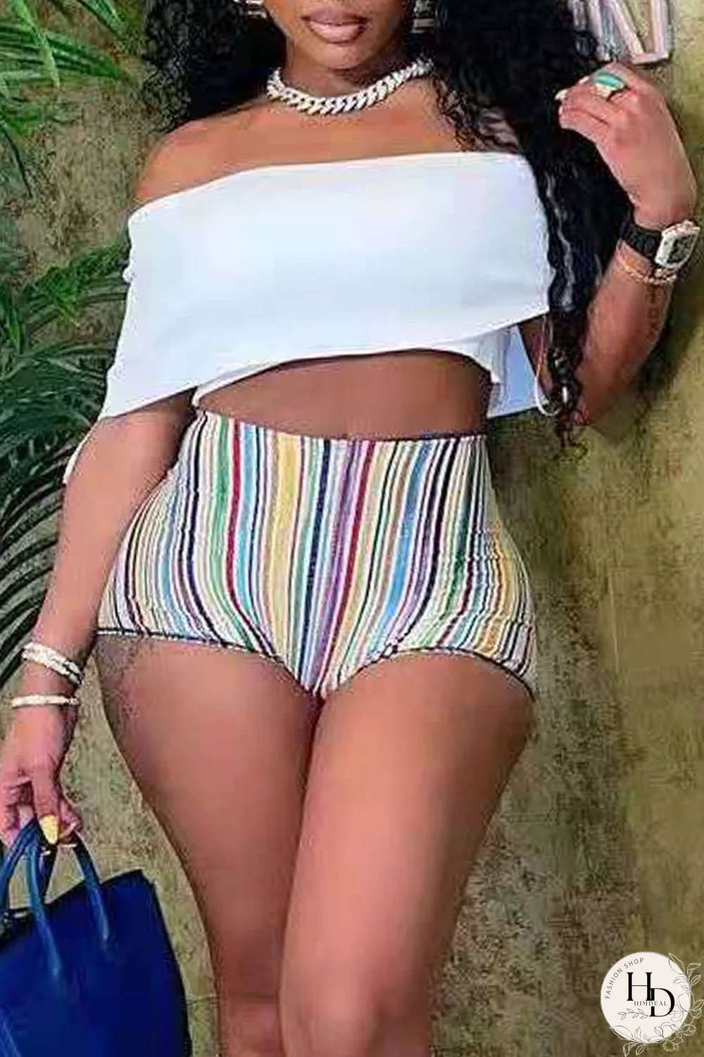 White Casual Striped Print Split Joint Off the Shoulder Short Sleeve Two Pieces