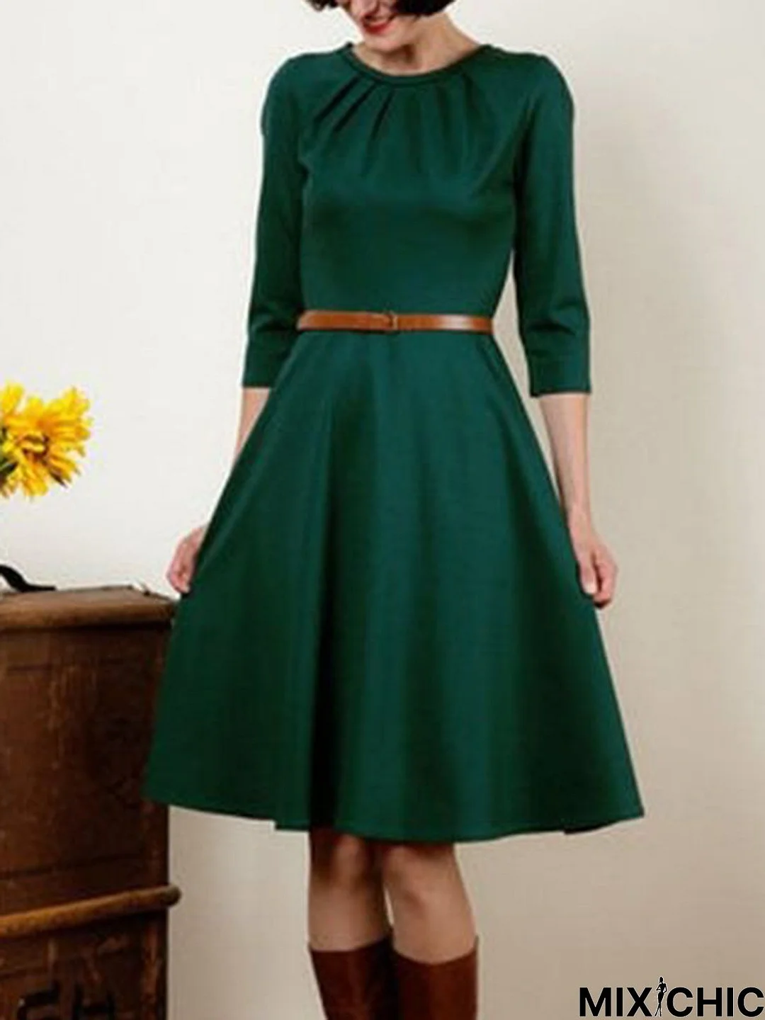 Green Vintage Casual 3/4 Sleeve A-Line Weaving Dress