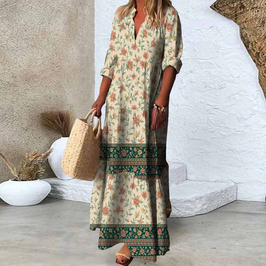 Women Bohemian,Red,Green,Floral DZDN0283 SPU Printed Long Sleeve V-neck Maxi Dress