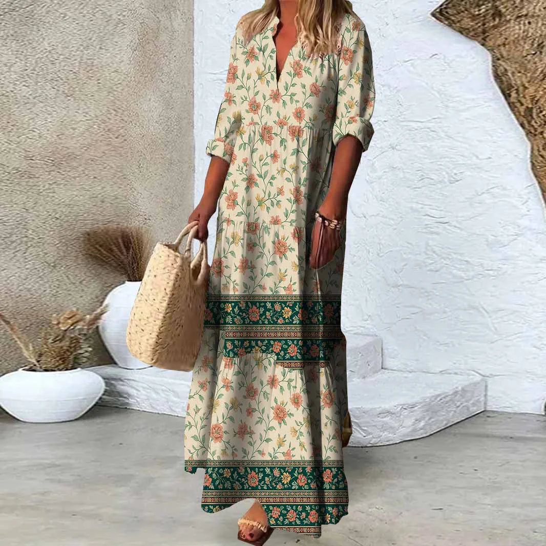 Women Bohemian,Red,Green,Floral DZDN0283 SPU Printed Long Sleeve V-neck Maxi Dress