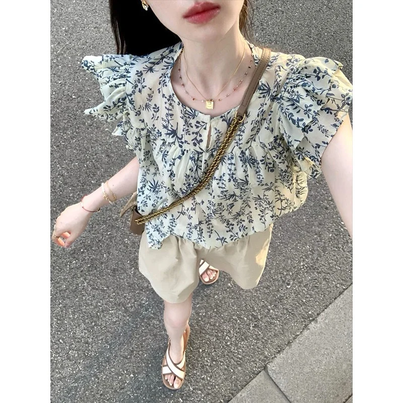 Uveng Uveng Broken Flower Short-Sleeved Shirt Women's Summer Lotus Doll-Side Doll Shirt Chiffon Small Sleeve Blouse