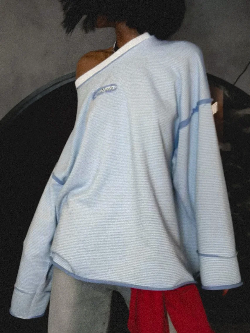 Athvotar Athvotar Street Wind Outside The Stitched Striped Edgy Women Loose Comfortable Lazy Trend Set Long-Sleeved Top