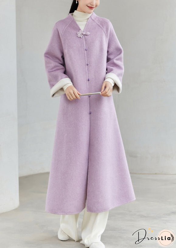 New Chinese Style Purple V Neck Button Patchwork Loose Woolen Coats Winter