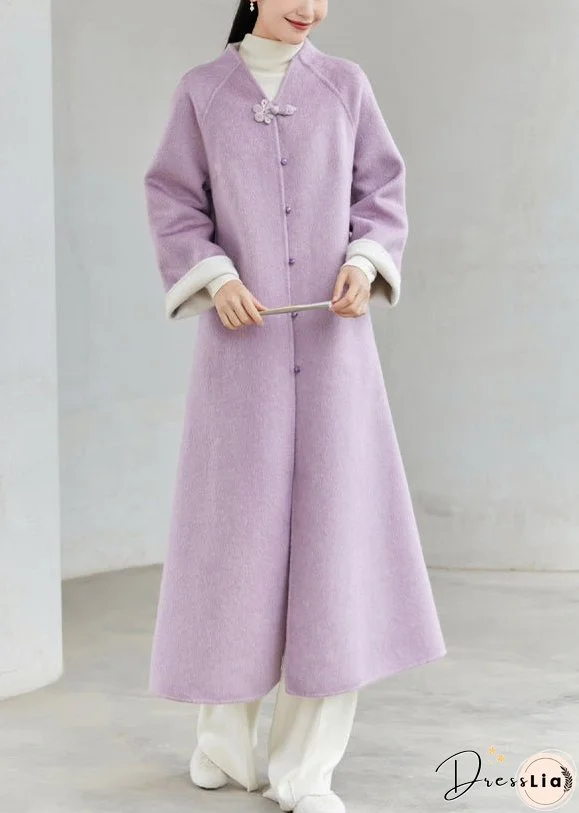 New Chinese Style Purple V Neck Button Patchwork Loose Woolen Coats Winter