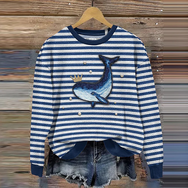 Wearshes Funny Ocean Striped Whale Art Embroidery Cozy Sweatshirt