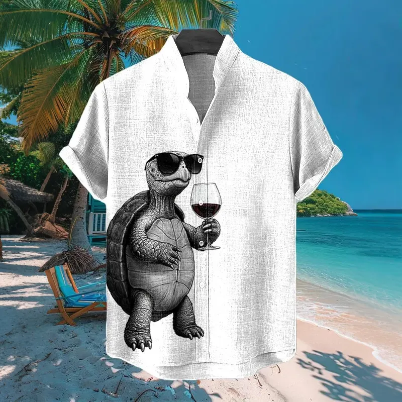 Men's Retro Turtle Pattern Linen Short-sleeve Shirt  artssus
